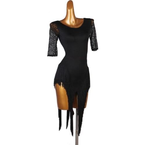 Lace Dancewear Fringe Tassel Latin Dance Dress Ballroom Dance Competition Purple