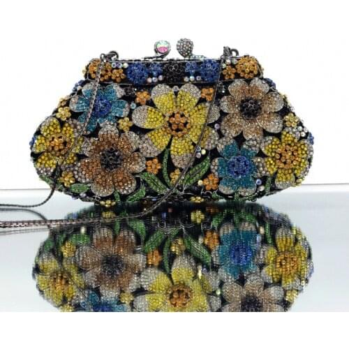 Best Quality Yellow/Blue/White Crystal Flower Clutch New Fashion Women’s Diamond Wedding Bridal Handbags Lady PhoneParty Purses