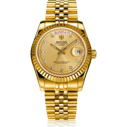 Holuns High quality mens automatic Mechanical Wristwatches classic golden watch luminous diamonds calendar male wristwatches
