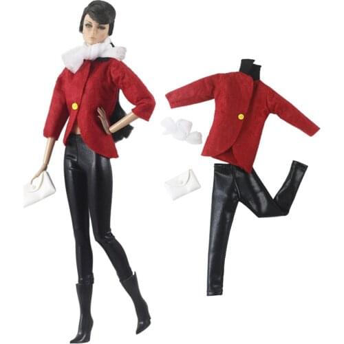 NK 1 Set Clothes Warm Red Coat +Long Trouseres +White Bag Fashion Dress Outfit Clothes for Barbie Doll Accessories Girls Toy 6X