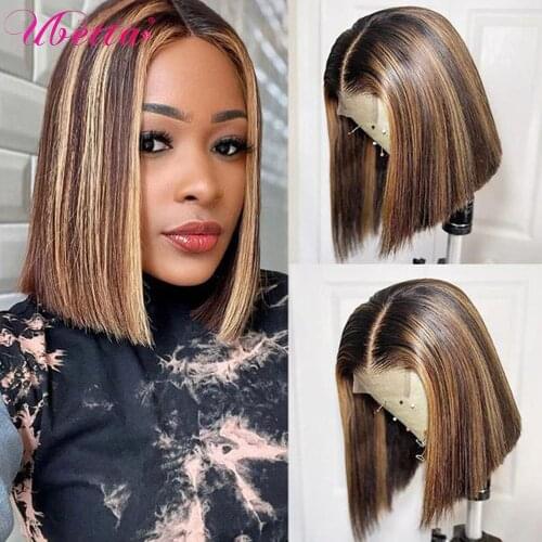 Highlight Bob Wig Honey Blonde Transparent Lace Frontal Wigs T Part Remy Brazilian Straight Ombre Colored Human Hair Wigs