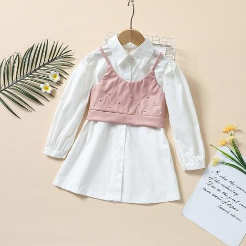 Toddler Baby Girls Casual 2pcs Clothes Set White Solid Dress and Pink Camisole with Decorative Pearl Children Autumn Clothes