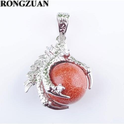 RONGZUAN Natural Golden Sand Stone Round Ball Bead Dragon Claw Crystal Pendant Necklace Silver Plated 18" Chain Jewelry TN3107