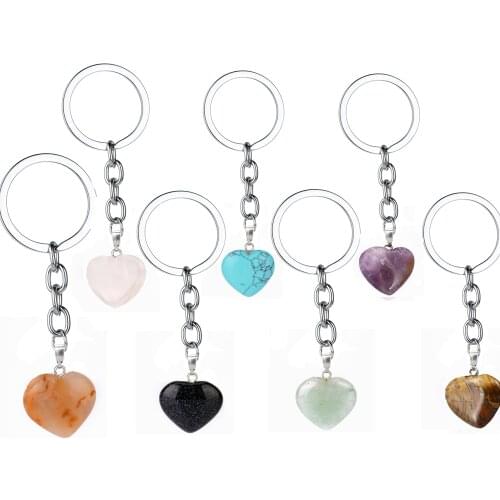 Rose Pink Natural Heart Stone Keychain Crystal Quartz Healing Stone Chakra Heart Key Chain Ring Keyring Jewelry Gift
