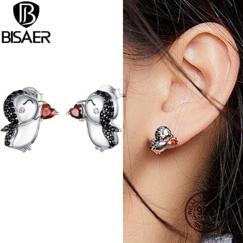 BISAER Little Penguin Stud Earrings 925 Sterling Silver Black Zircon Heart Tiny Earrings For Women Fashion Lovely Jewelry EFE383