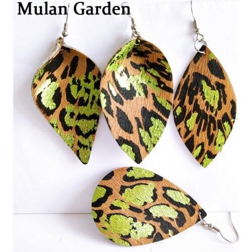 M&G 4 Patterns Green Genuine Leather Feather Earrings Water Drop Plant Leaf Pendant Plush Leopard Print Earring Fashion Gifts