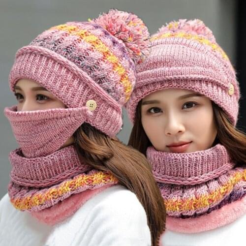 New Winter Hats For Women Face Protrction Knitted Hat Rainbow Stripes Pompoms Hat Keep Warm Fur Hat With Mask