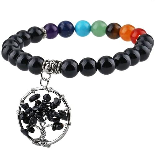 SUNYIK 8mm Black Obsidian 7 Chakra Beads Bracelet Tree of Life Dangle Yoga Energy Reiki Healing Jewelry