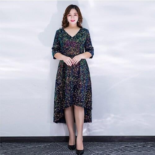 Evening Dress Deep V-Neck Simple New Half Sleeves Sequins Empire Zipper Back Tea-Length A-Line Plus Size Women Formal Gowns D870