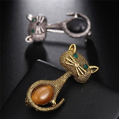 Vintage Cute Animal Broches Gold Color Opal Cat Eye Brooch Pins For Women European Collar Clips Wedding Party Bijoux Jewelry