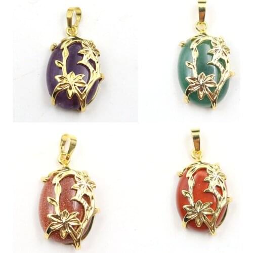 YJXP Ellipse Shaped Pendants Rose Flower Pattern Natural Amethysts Crystal Agates Pendant Lucky Charms Jewelry Necklace Fittings