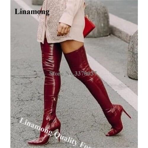Western Fashion Sexy Pointed Toe Over Knee Stiletto Heel Leather Boots Wine Red Beige Slim Long High Heel Boots Evening Shoes