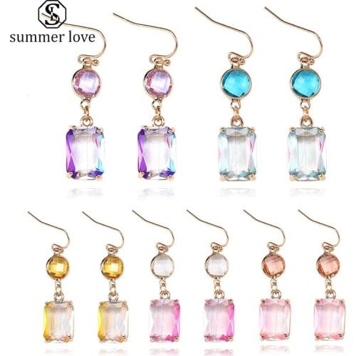 Boho Round Square Double Layer Colorful Glass Crystal Earrings for Women Ladies Brass Hook Hanging Earings Drop Jewelry