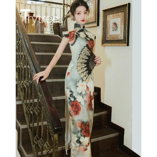 Trytree 2020 Summer Woman Dress Casual Stand Collar Vintage Chinese style Fashion Elegant Slim fit Split hem Cheongsam Dress