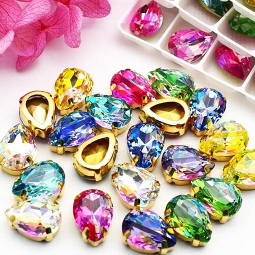 10x14/13x18MM Laser Color K9 Teardrop Flatback Sew On Rhinestone Gold Hollow Base For DIY Jewelry Accessorie