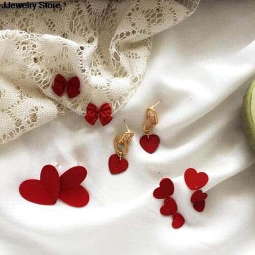 1Pair Fashion Red Heart Bowknot Stud Earrings Ear Accessories Sweet Women Jewelry Gift