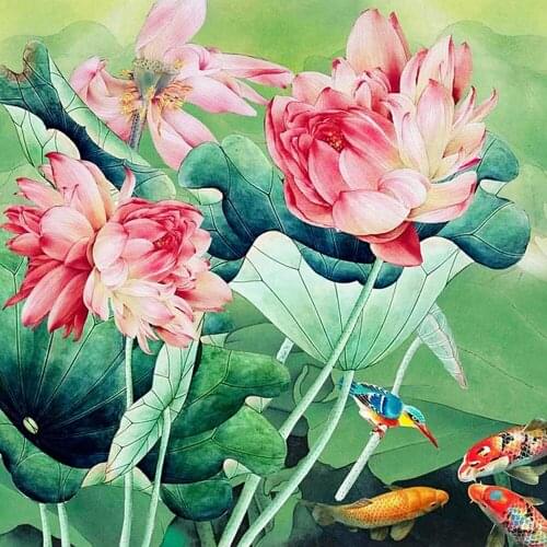 HUACAN 5D Diy Diamond Painting Lotus Pond Cross Stitch Diamond Mosaic Fish Wall Decor Decoration For Home
