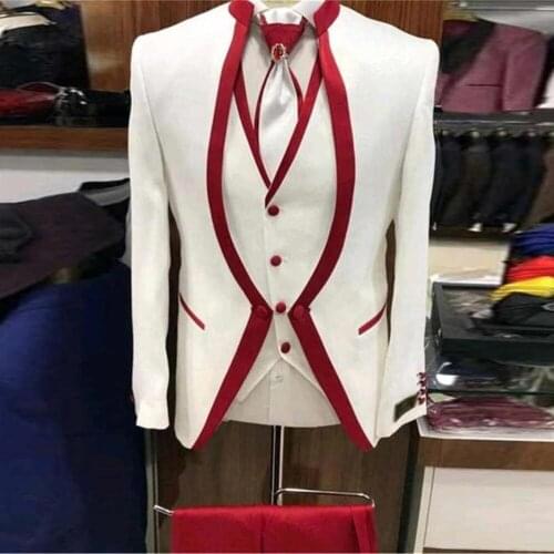 White Satin Burgundy Rim Stage Prom Party Suit For Men Set Wedding Suits Costume Groom Tuxedo Formal Suits (Jacket+pants+vest)