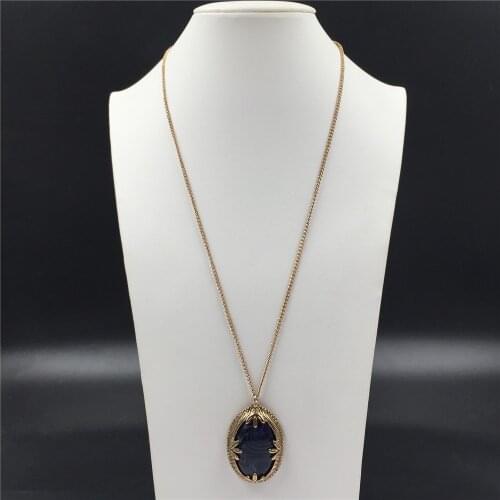 Bohemia Antique Gold Color plating Marble Navy Stone Enfold Pendant Long Necklace For Women Lady Sweater Decoration Europe Spain