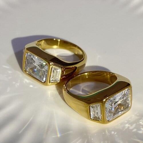 Big square diamond rings for women stainless steel gemstone gold chunky ring free tarnish luxury cocktail jewelry wholesale item