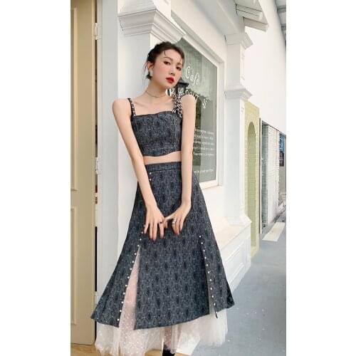 Black and Gray Off-shoulder Customized Denim Jacquard Sling Top Mesh Stitching A-line Short Skirt Popular Elegant 2 Piece Set