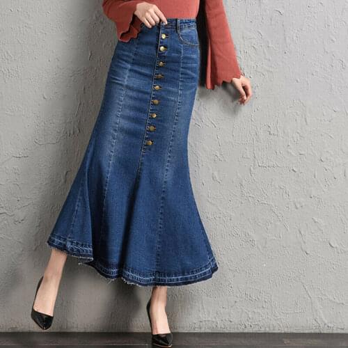High Waisted Stretch Denim Maxi Long Skirt Button Front Flare Fishtail Hem Jean