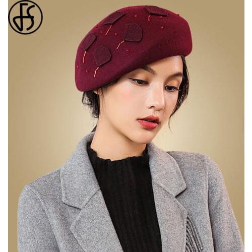 FS 100% Wool Beret Hat Vintage Winter Wool Hats Women Elegant French Fedora Cap Wine Red Autumn Party Church Wedding Caps