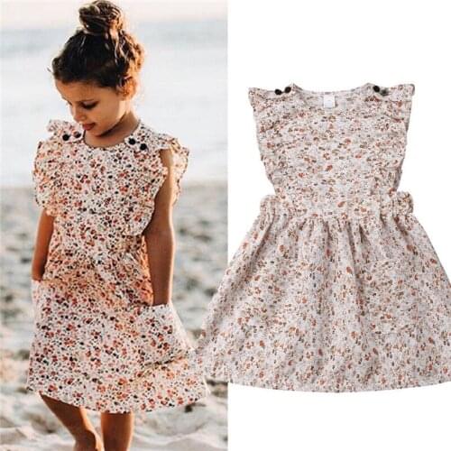 Pretty Kid Baby Girls Summer Clothes Floral Dress Ruffle Sleeve High Waist Pockets Dress Girl Flowers A-Line Tutu Sundress 2-8T