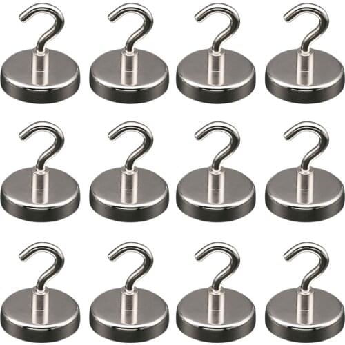12Pcs Powerful Magnetic Hooks Heavy Duty Neodymium Magnet Refrigerator Surface Suction Hooks for Kitchen Garage Bathroom Lockers