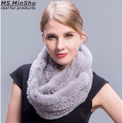 Ms.MinShu Brand Real Rex Rabbit Fur Scarf Collar Knit Infinite Scarves Women Loop type Fur Scarf Women Real Rabbit Fur Shawl