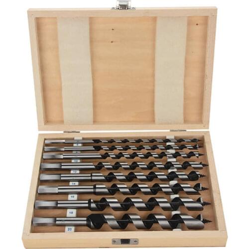 8pc Carbon Steel Auger Drill Bit Set Wooden Case Machined Hex Shank Drill Set For using with power drills and gimlet