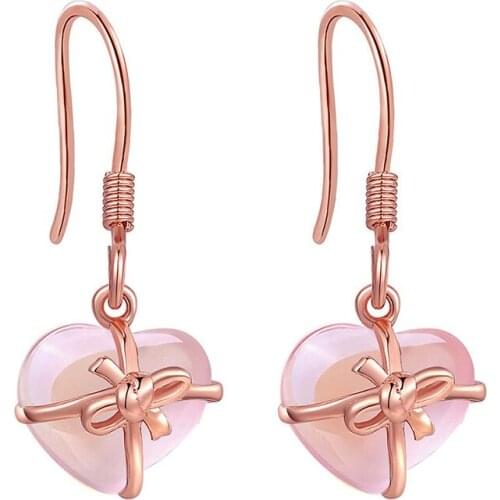 Ociki Rose Gold Color Ross Quartz Cute Heart Pink Opal Earrings Pendant Hook for Women Girls Jewelry Wholesale Drop Shipping
