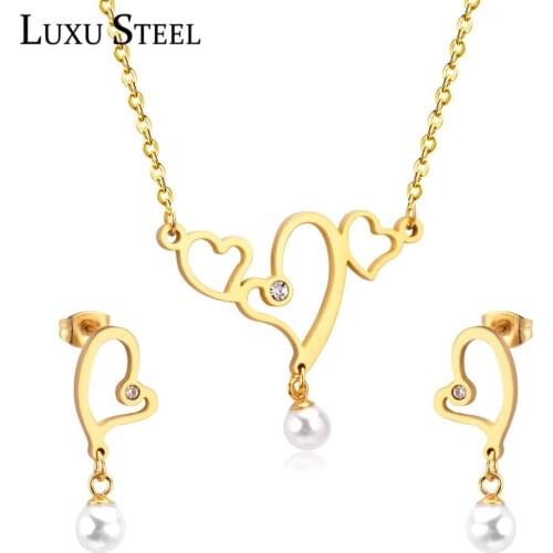 LUXUSTEEL Cute Love Heart Jewelry Crystal Wedding Jewelry Sets For Women/Girl Pendant Necklace Stud Earrings Brinco Party