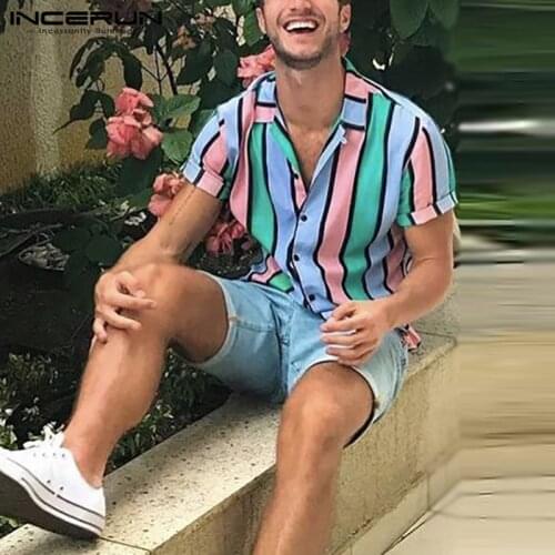 INCERUN Men Striped Shirt Colorful Lapel Short Sleeve Summer Casual Hawaiian Shirts Beach Streetwear Breathable Camisa Masculina