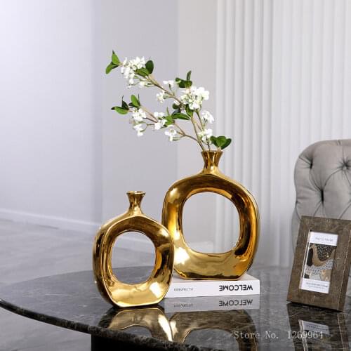 Nordic golden ceramic vase modern home decoration ornaments countertop vase creative living room flower arrangement vase