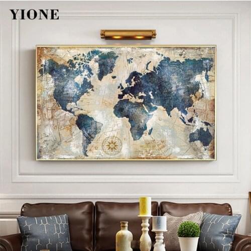 Vintage World Map Canvas Painting Golden Blue Art Culture Travel Globe Landmark Poster Wall Print Picture for Living Room Office