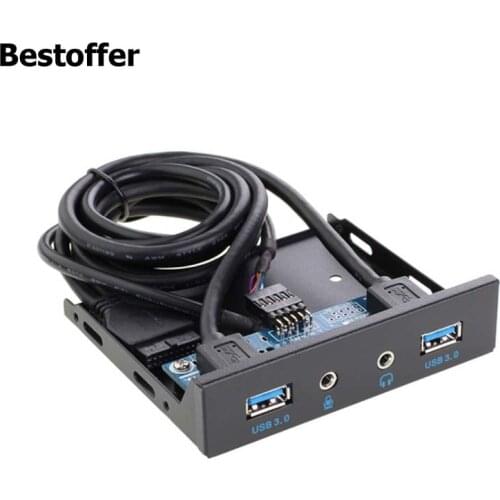 3.5" Floppy Bay High Speed 5 Gbps 20Pin 2 Port USB 3.0 Hub HD Audio 3.5mm Earphone Jack Mic Interface PC Front Panel Adapter