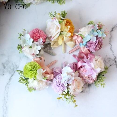 YO CHO Wedding Flower Groom Boutonniere Brooch Bride Wrist Corsage Bracelet Silk Rose Man Suit Prom Party Decor Photography Prop