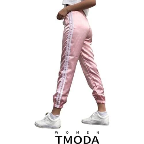 TMODA 2021 Spring Summer Women Satin Leisure Pants Casual Multicolor Retro White Striped Side Closed Comfy Sweatpants Female