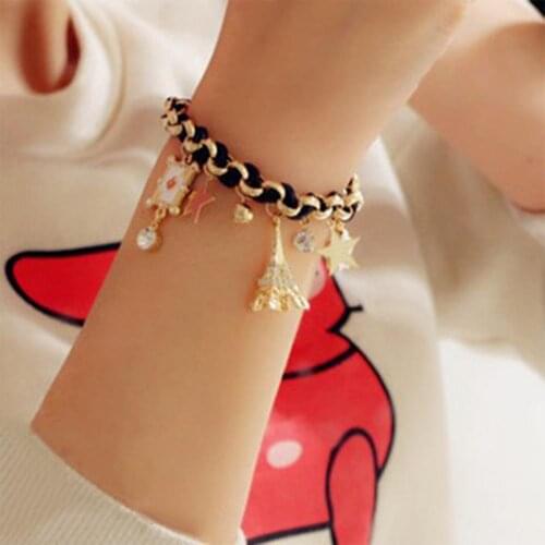 Women Bracelet Fashion Tower Stars Flower Poker Pendants Faux Leather Bracelet Jewelry pandoras bracelet браслет мужской