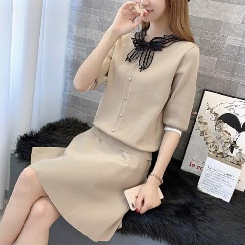Skirt suit female 2019 autumn and winter new womens fashion elegant lace bow sweater high waist skirt two-piece suit sweater