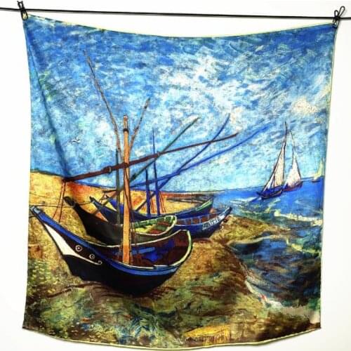 90CM Manual Hand Rolled Twill Silk Women Scarf Van Gogh Boat Oil Painting Square Scarves Foulards Female Wrap Bandana Hijab