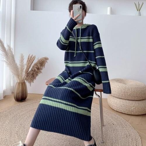 Women Autumn Winter Hooded Striped Long Knitted Sweater Dress Casual Loose Straight Pullover Full Sleeve