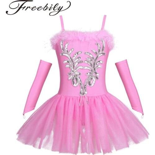 Kids Girls Ballet Leotard Dress Sequined Flower Ballet Dancewear Leotard Tutu Dress with Fingerless Long Gloves and Hair Clip
