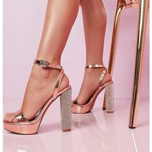Luxury Bling Bling Crystal Chunky Heels Sandals Peep Toe Ankle Strap High Platform Dress Shoes Gold Leather Square Heels Shoes