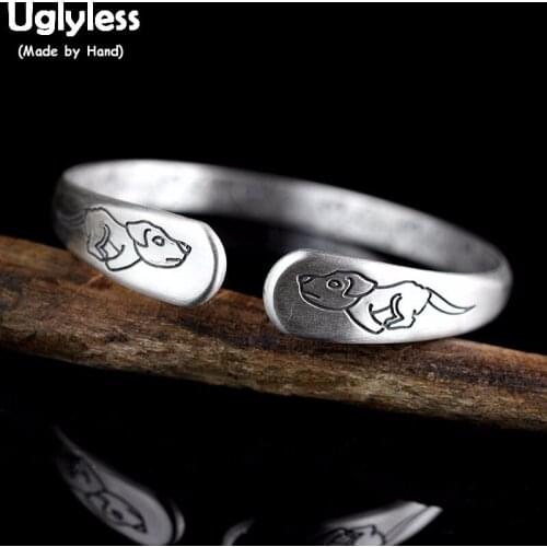 Uglyless Solid 990 Silver Running Puppy Dog Bangles for Women Inside Carved LOVE Gifts Fine Jewelry Animals Open Bangles BA594