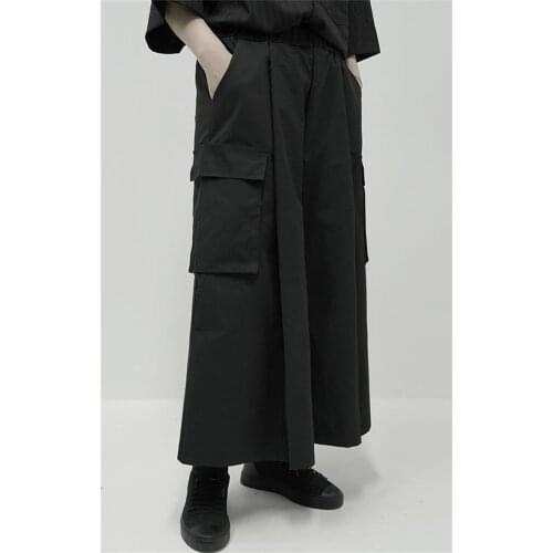 Big size couples dark black big pocket Wide Leg Pants Capris mens pants summer thin casual pants mens pants