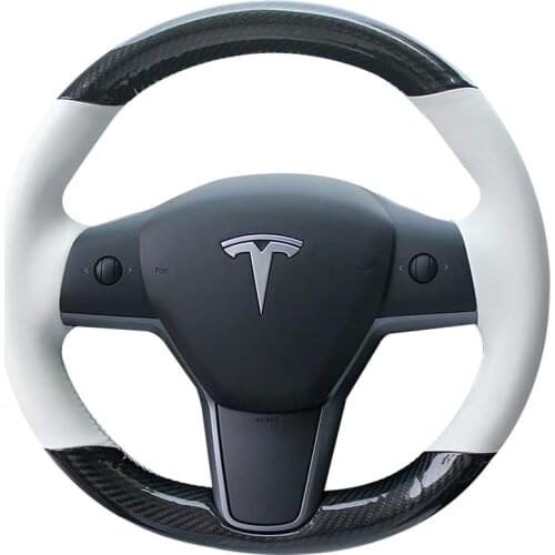 Interior DIY 5D Black Carbon Fiber&White PU Leather Steering Wheel Hand Sewing Wrap Cover Fit For Tesla model 3 2017-2019