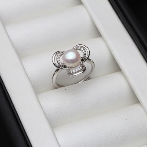 925 Sterling Silver Flower Natural Freshwater Pearl Ring Clear Zircon Resizable Open Finger For Women Fine Jewelry