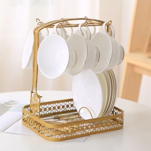 European Metal Gold Color Iron Cups Holder Rack Basket with Tray Home Kitchen Tablewares Storage Organization Mug Tumblers Stand